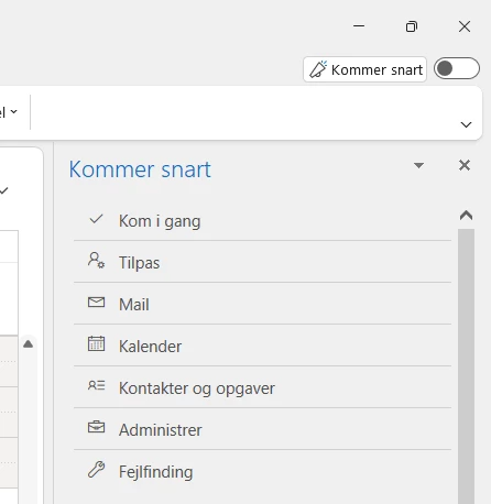 Kommer snart-panel i Outlook